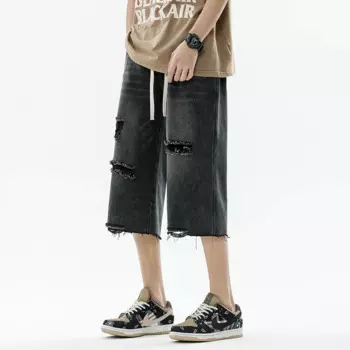 Модные эластичные варенные прямые джинсы с бахромой, Мужская одежда, Новинка лета 2024, свободные универсальные брюки-Капри со шнуровкой и высокой талией