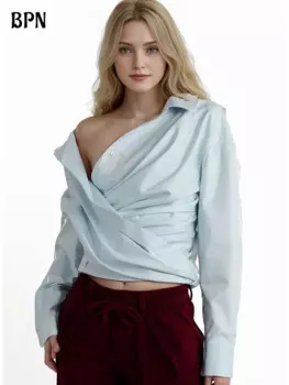 Модные Асимметричные рубашки BPN для женщин, однотонные повседневные Лоскутные однобортные блузки с отложным воротником и длинным рукавом, женская одежда, новинка