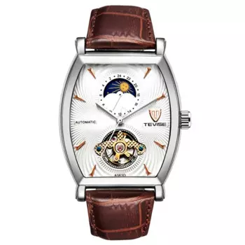 Модные брендовые механические часы цилиндрической формы, автоматические мужские обтекаемые повседневные водонепроницаемые часы с цепочкой и кожаным ремешком, 2024