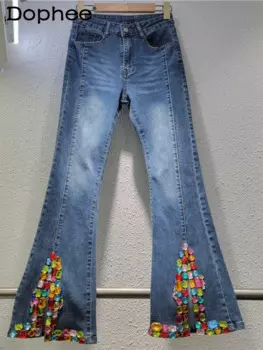 Модные цветные брюки со стразами, женские осенние 2024, новые облегающие джинсы, расклешенные брюки из бисера, женские джинсы с высокой талией и разрезом