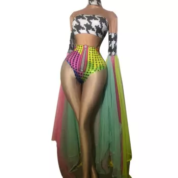 Модные Цветные сетчатые сценические боди с расклешенными рукавами, женские эластичные трико с принтом, костюмы для ночного клуба, карнавала, танцора