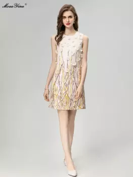 Модные Дизайнерские летние женские платья MoaaYina с трехмерным цветочным рисунком, офисное женское платье из высококачественного полиэстера