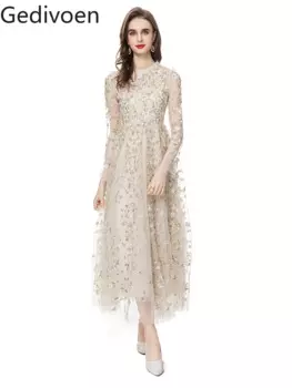 Модные дизайнерские весенние женские платья Gedivoen с круглым вырезом и цветочным принтом, офисное женское платье из высококачественного полиэстера