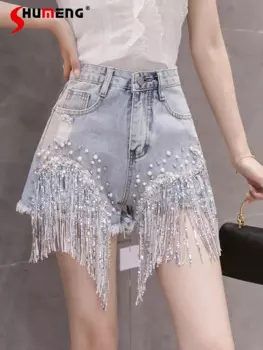 Модные джинсовые шорты для женщин, Новинка лета 2024, свободные стройнящие широкие Модные женские джинсовые штаны с высокой талией, со стразами