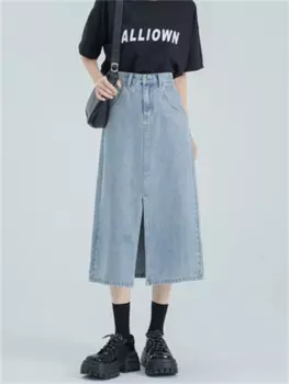 Модные джинсовые юбки, женская одежда, длинные летние джинсовые юбки в стиле ретро, джинсы с высокой талией и разрезом, прямые джинсовые юбки bd266