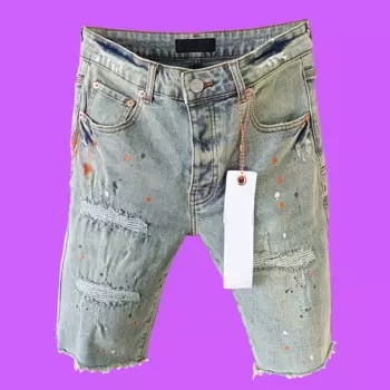 Модные фиолетовые джинсовые Брендовые мужские уличные трендовые мужские зауженные Рваные джинсовые шорты roca с черными краями и брызговым рисунком