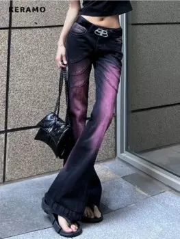 Модные фиолетовые градиентные микро-расклешенные джинсы Y2K в уличном стиле, винтажные Свободные повседневные Прямые джинсы с высокой талией