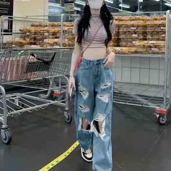 Модные и пикантные женские рваные прямые джинсы с высокой талией и широкими штанинами