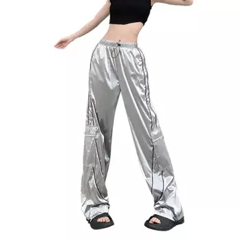 Модные крутые длинные брюки в стиле хип-хоп для девушек 2024 Модные женские свободные прямые брюки-карго с яркой поверхностью и эластичным поясом