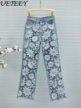Модные кружевные джинсы с вырезами, женские брюки, новинка 2024, летние и осенние свободные джинсовые брюки с высокой талией и широкими штанинами
