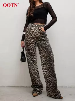 Модные леопардовые прямые брюки OOTN, женские летние хлопковые офисные длинные брюки с карманами, повседневные женские уличные брюки с высокой талией
