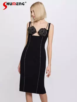 Модные летние черные платья на бретельках 2024, облегающее эластичное платье с трехмерной чашкой на груди и цветами, женское платье высокого качества