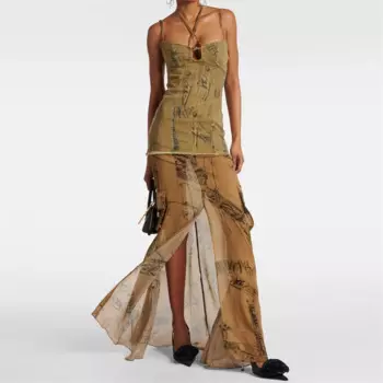 Модные летние платья, новинка 2024, джинсовое лоскутное длинное платье на бретелях, пикантное платье с открытой спиной и принтом без рукавов, праздничные платья y2k