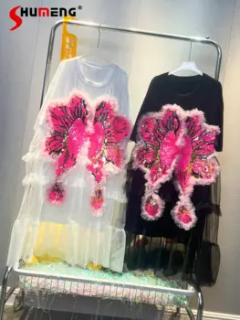 Модные летние платья с блестками 2024, женское свободное Сетчатое платье средней длины с прострочкой, Женский пуловер с коротким рукавом, красивые платья