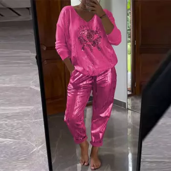 Модные лоскутные костюмы из двух предметов с блестками, женский пуловер с v-образным вырезом и длинными рукавами и длинные брюки, костюмы 2024, осенние офисные карманные наряды