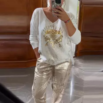 Модные лоскутные костюмы из двух предметов с блестками, женский пуловер с v-образным вырезом и длинными рукавами и длинные брюки, костюмы 2024, осенние офисные карманные наряды