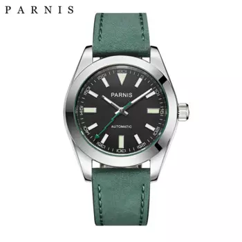 Модные механические автоматические мужские часы Parnis 40 мм с сапфировым стеклом и зеленым кожаным ремешком Miyota 8215, мужские часы reloj hombre