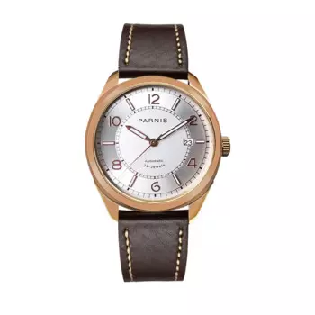 Модные механические мужские часы Parnis 42 мм из розового золота с календарем и кожаным ремешком, автоматические Роскошные мужские часы с сапфировым стеклом 2024