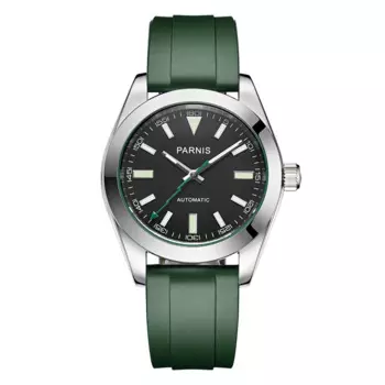 Модные мужские часы Parnis 40 мм, серебристые строчки, механические Автоматические Мужские часы с сапфировым стеклом и зеленым ремешком, водонепроницаемые мужские часы, мужские часы