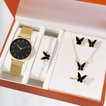 Модные мужские часы с бабочкой ювелирные изделия комплект из 4 предметов ультратонкие Кварцевые часы Женские повседневные тонкие стальные водонепроницаемые спортивные часы с сетчатым ремешком