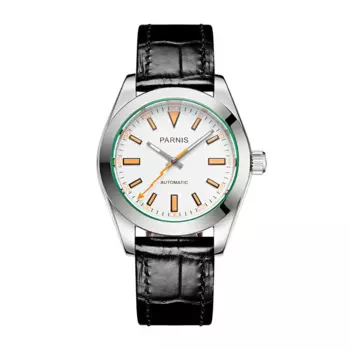 Модные мужские механические часы Parnis с белым циферблатом 40 мм и кожаным ремешком, мужские часы с сапфировым стеклом