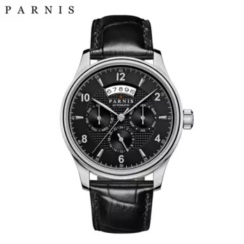 Модные мужские механические часы Parnis с серебристым зеркальным автоматическим механизмом, кожаным ремешком, календарем, Miyota 9120, водонепроницаемые мужские часы, подарок