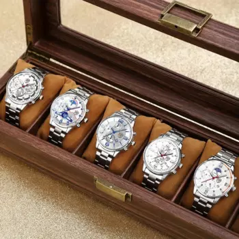 Модные Мужские Простые Серебряные пятикомпонентные часы в комплекте мужские деловые часы с календарем Мужские кварцевые часы с подсветкой