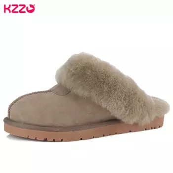 Модные мужские зимние меховые тапочки KZZO из натуральной овечьей кожи, мягкие шерстяные домашние тапочки, Нескользящие