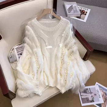 Модные новые роскошные свободные пуловеры, свитера для женщин, сезон осень-зима, вязаный толстый свитер с круглым вырезом и кроличьим мехом в стиле пэчворк, джемпер для дам