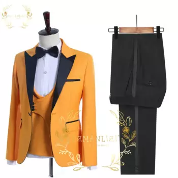 Модные оранжевые смокинги для жениха из 3 предметов на одной пуговице, мужские костюмы с заостренным лацканом, свадебный ужин, Мужские костюмы (пиджак + брюки + жилет)