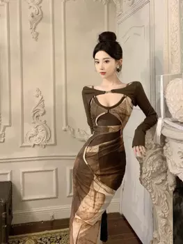 Модные платья для женщин, винтажное платье во французском стиле с длинным рукавом, тонкое уличное платье с длинным рукавом, новое осенне-зимнее платье