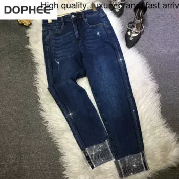 Модные популярные женские джинсы Drill, подходящие ко всему темно-синие эластичные хлопковые джинсовые брюки стрейч с высокой талией, уличные брюки до щиколотки