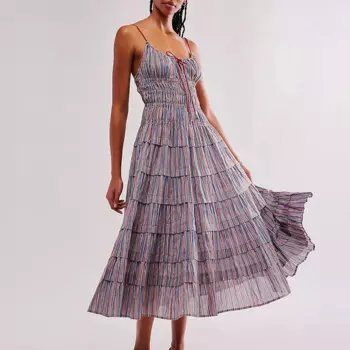 Модные праздничные платья на тонких бретельках, женское длинное платье с вырезом и высокой талией, повседневное плиссированное богемное платье в полоску, Vestidos