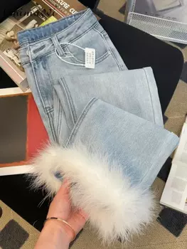 Модные Прошитые пушистые женские джинсы, новинка зимы 2023, повседневные облегающие прямые широкие брюки с высокой талией, Элегантные Синие джинсы для женщин