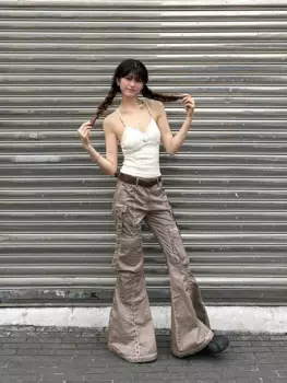 Модные расклешенные джинсы WCFCX STUDIO, женская уличная одежда, винтажные мешковатые корейские брюки-карго с высокой талией, повседневные джинсовые брюки с карманами Y2k