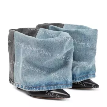 Модные Разноцветные джинсовые ботинки с острым носком на тонком каблуке для женщин, свободные ботинки с перевернутым краем, женские ботильоны на высоком каблуке