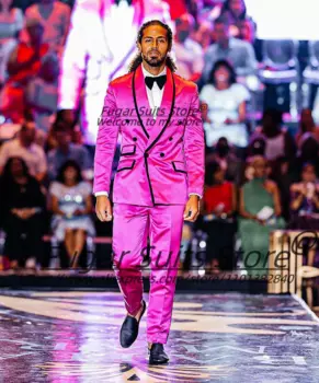Модные розовые шелковые атласные мужские костюмы Slim Fit с шалью и лацканами, формальные смокинги для жениха, комплекты из 2 предметов, элегантные мужские пиджаки, костюм Homme