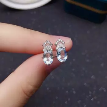 Модные серебряные серьги-гвоздики с аквамарином для вечерние, 5 мм * 7 мм, серебряные серьги с натуральным аквамарином 925 пробы