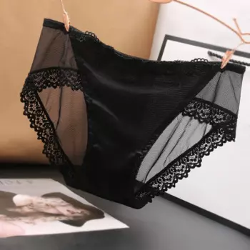 Модные сексуальные женские сетчатые прозрачные кружевные трусики со средней талией, хлопковые треугольные трусики без следов, черные кружевные лоскутные трусы с рюшами
