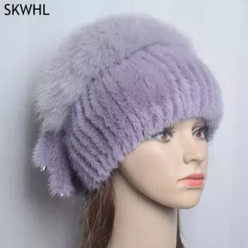 Модные шапки из лисьего меха для женщин, роскошная шапка из натуральной норки, теплые зимние женские шапки, вязаные женские шапки ручной работы из натуральной норки, шапка