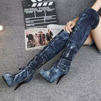Модные темно-синие джинсовые сапоги до бедра с боковым карманом, ковбойские сапоги на тонком высоком каблуке, женские сапоги выше колена с эластичным отверстием