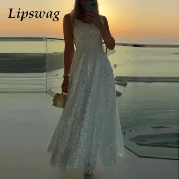 Модные вечерние сетчатые платья с квадратным воротником, сексуальное вечернее платье с блестками и блестками, элегантное праздничное платье без рукавов с высокой талией