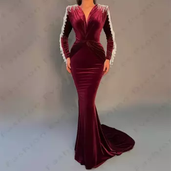 Модные великолепные атласные вечерние платья, красивые сексуальные платья с глубоким V-образным вырезом и длинными рукавами, элегантные облегающие простые наряды для выпускного вечера 2024