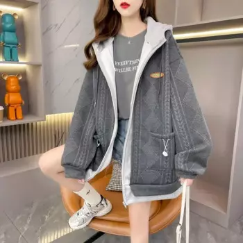 Модные винтажные толстовки, женский дизайн, свободный капиган, толстовка на молнии, осенне-зимний тренд, плюшевая утепленная куртка с капюшоном, пальто большого размера