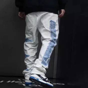 Модные вышитые заплатки белые джинсы для мужчин и женщин в стиле звезд в стиле Хай-стрит прямые свободные широкие брюки