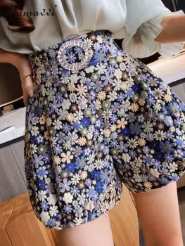 Модные жаккардовые шорты в стиле ретро, женская летняя одежда 2024, новинка, высококлассные Свободные Элегантные повседневные широкие брюки с высокой талией