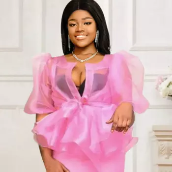 Модные женские блузки 2024, летняя тонкая рубашка с рукавом-пузырьком, американская перспектива, откровенная уличная пикантная большая сетчатая розовая блузка