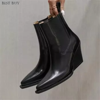 Модные женские ботинки челси из лакированной кожи с острым носком, короткие ботинки, Женская Осенняя обувь на танкетке, женские ботильоны Botas Mujer