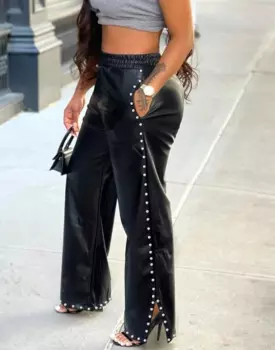 Модные женские брюки, новинка 2024, повседневные однотонные свободные брюки из искусственной кожи с украшением в виде водных бриллиантов, широкими штанинами и карманами, брюки с высокой талией