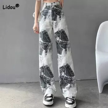 Модные женские джинсы с завязкой, осень 2022, окрашенные чернилами, стирка, корейские пуговицы, высокая талия, карманы, широкие брюки, трендовые женские